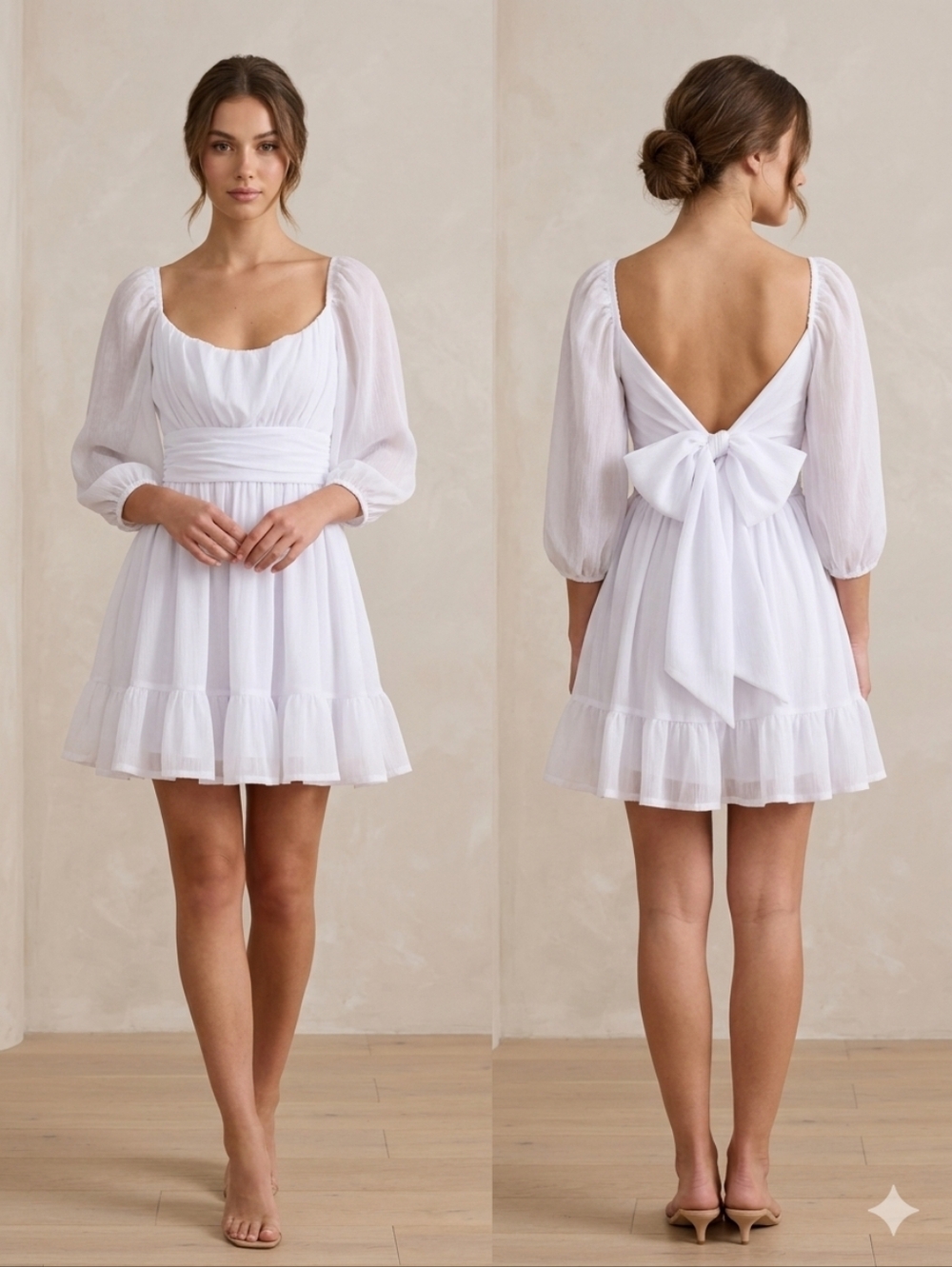 Lucy in the Sky Los Angeles White Puff Sleeve Bow Back Mini Dress - Size Small